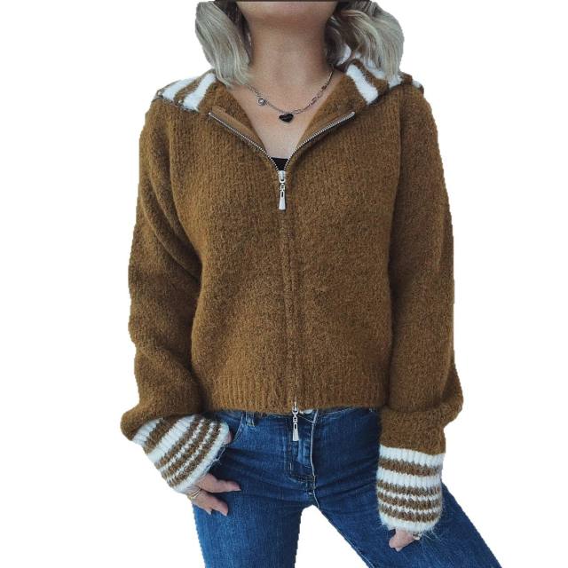 Autumn winter Simple contrast color large lapel zipper knitted cardigan