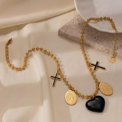 Black enamel cross coin charm stainless steel necklace