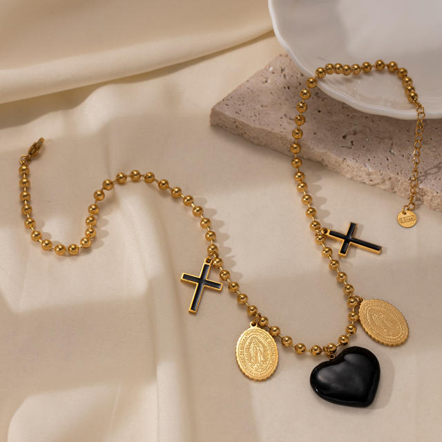 Black enamel cross coin charm stainless steel necklace