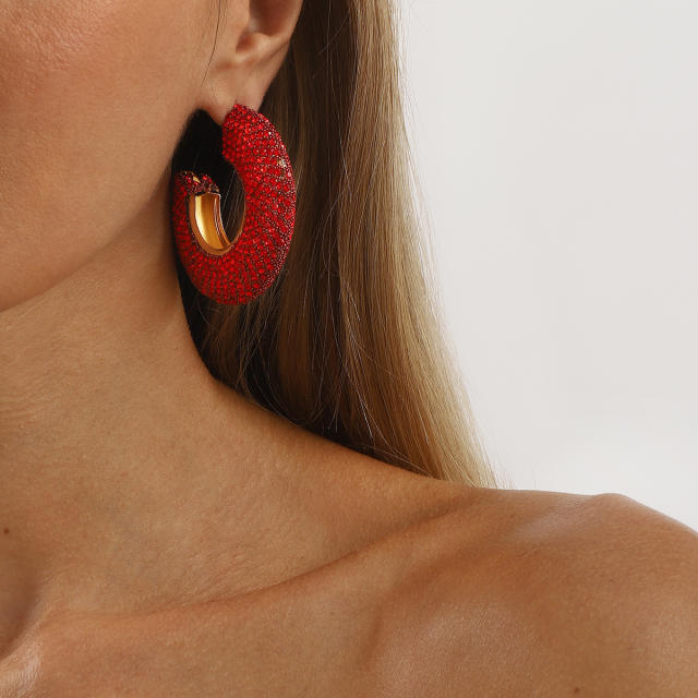 Chunky pave setting colorful rhinestone C shape alloy earrings