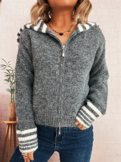 Autumn winter Simple contrast color large lapel zipper knitted cardigan