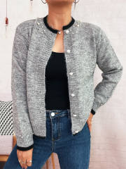 Elegant plain color pearl bead knitted sweater cardigan