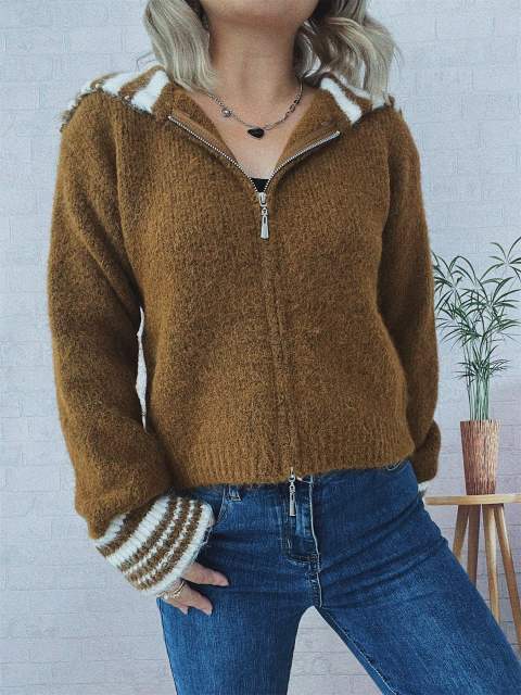 Autumn winter Simple contrast color large lapel zipper knitted cardigan