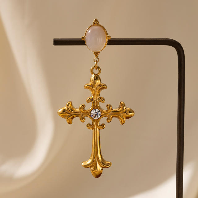 Natural stone inlaid cross series stainless steel earrings