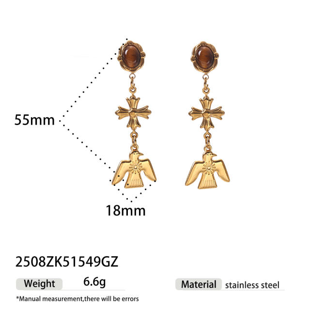 Natural stone inlaid vintage heart stainless steel earrings