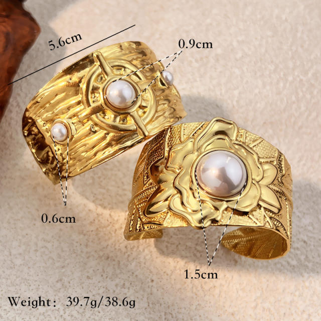 Vintage hammer pattern imitation pearl inlaid stainless steel cuff bangle wide bangle bracelet