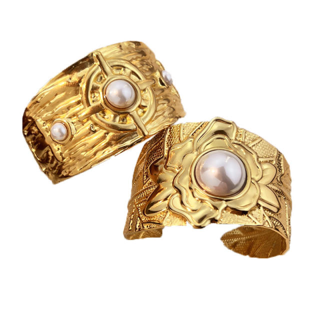 Vintage hammer pattern imitation pearl inlaid stainless steel cuff bangle wide bangle bracelet