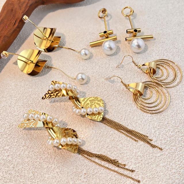French trend geometric tassel leaf design stainless steel dangle earrings
