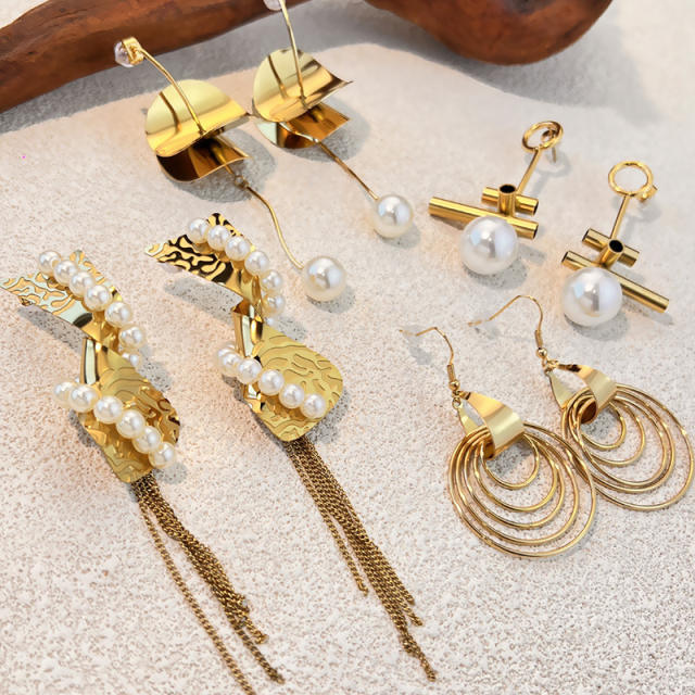 French trend geometric tassel leaf design stainless steel dangle earrings
