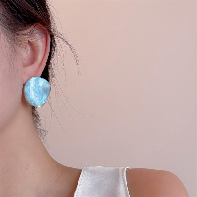 Exaggerated Geometry Irregular Round Concave-Convex Blue Oil Drop Earrings