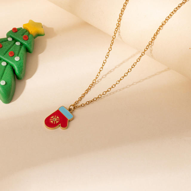 Christmas series color enamel bell glove cute pendant stainless steel necklace
