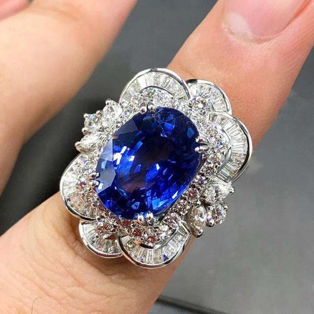 Eelgant rose flower shape cubic zircon statement rings blue diamond rings
