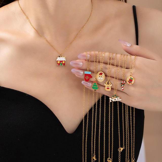 Christmas series color enamel bell glove cute pendant stainless steel necklace