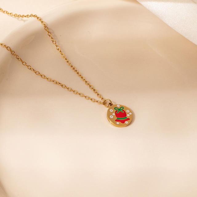 Christmas series color enamel bell glove cute pendant stainless steel necklace