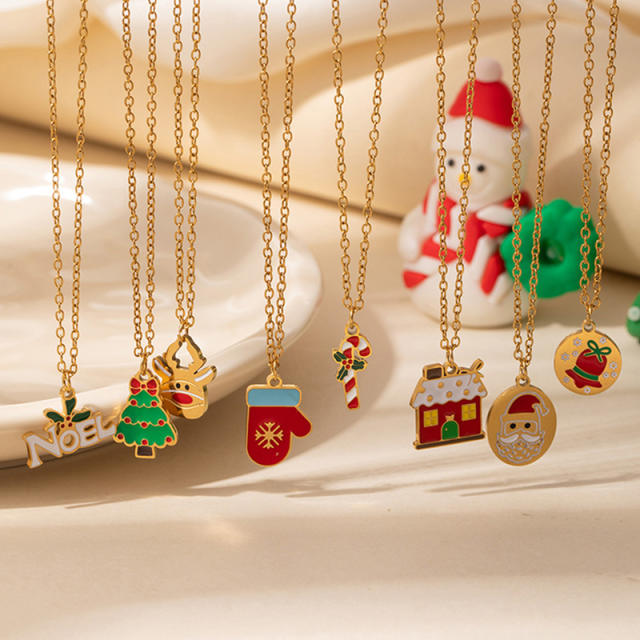Christmas series color enamel bell glove cute pendant stainless steel necklace