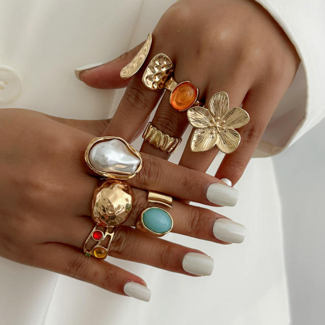 INS style pearl hollow irregular ring retro diamond alloy flower joint ring