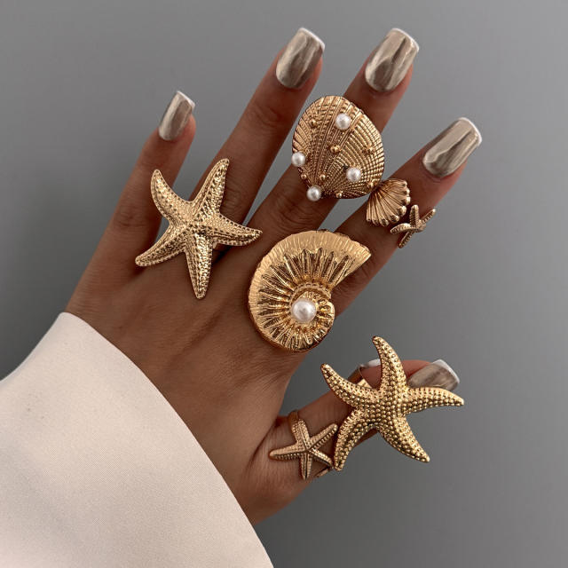 Vacation Starfish Metal Opening Ring ins 6-piece Set Star Scallop Joint Ring for Women