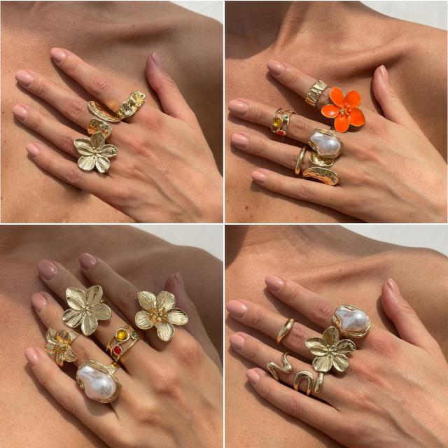 INS style pearl hollow irregular ring retro diamond alloy flower joint ring