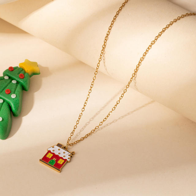 Christmas series color enamel bell glove cute pendant stainless steel necklace