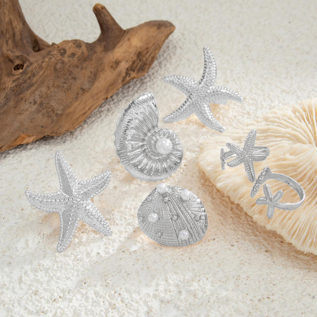 Vacation Starfish Metal Opening Ring ins 6-piece Set Star Scallop Joint Ring for Women