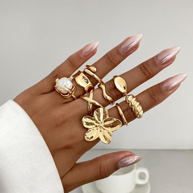 INS style pearl hollow irregular ring retro diamond alloy flower joint ring