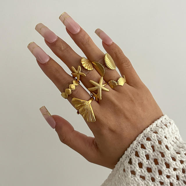Vacation Starfish Metal Opening Ring ins 6-piece Set Star Scallop Joint Ring for Women