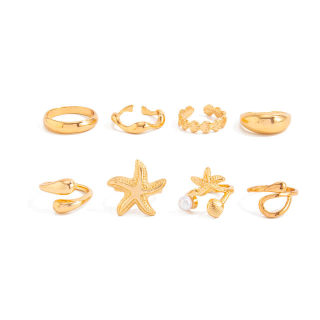 Vacation Starfish Metal Opening Ring ins 6-piece Set Star Scallop Joint Ring for Women