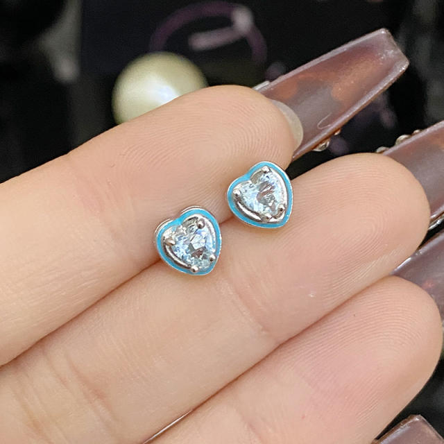 Sweet heart color enamel cubic zircon pendant copper necklace earrings suit