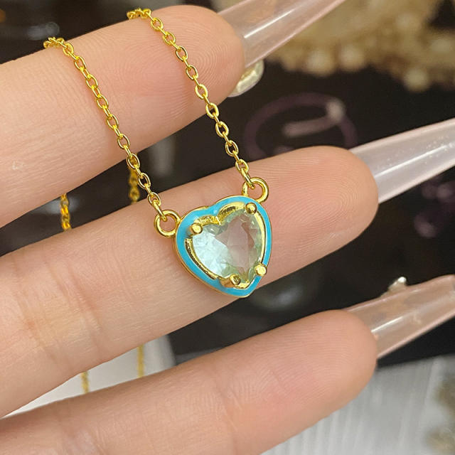 Sweet heart color enamel cubic zircon pendant copper necklace earrings suit