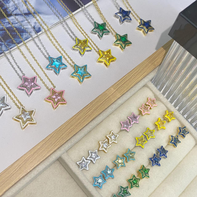 Sweet candy color enamel star shape cubic zircon copper necklace earrings suit