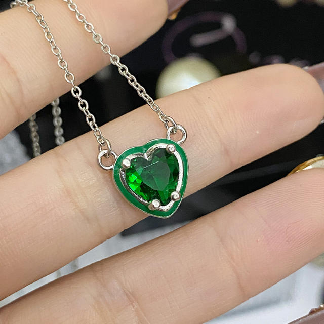 Sweet heart color enamel cubic zircon pendant copper necklace earrings suit