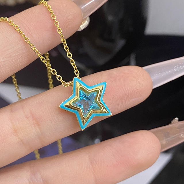 Sweet candy color enamel star shape cubic zircon copper necklace earrings suit