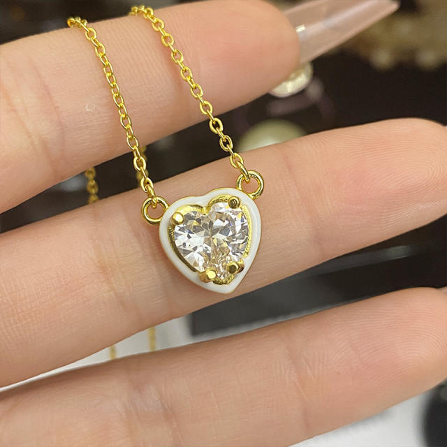 Sweet heart color enamel cubic zircon pendant copper necklace earrings suit