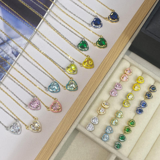 Sweet heart color enamel cubic zircon pendant copper necklace earrings suit