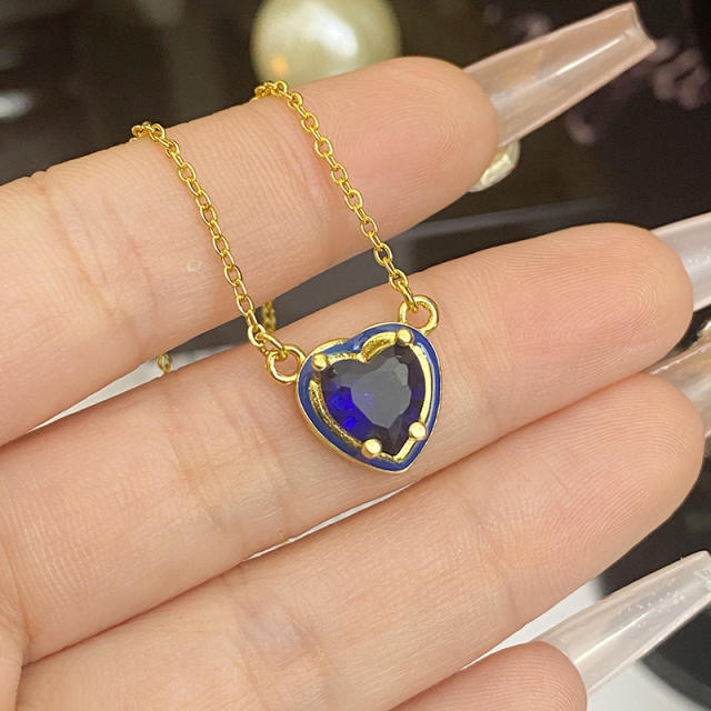 Sweet heart color enamel cubic zircon pendant copper necklace earrings suit