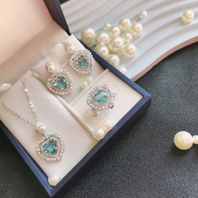 Light Blue Love Bead Set Plated 18K classic heart necklace suit