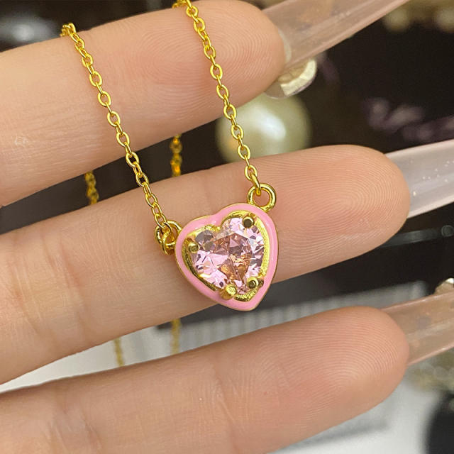 Sweet heart color enamel cubic zircon pendant copper necklace earrings suit