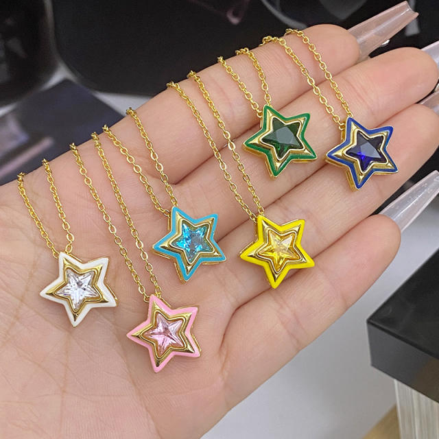 Sweet candy color enamel star shape cubic zircon copper necklace earrings suit