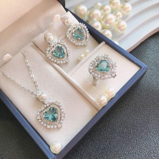 Light Blue Love Bead Set Plated 18K classic heart necklace suit