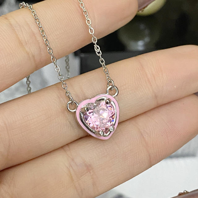 Sweet heart color enamel cubic zircon pendant copper necklace earrings suit