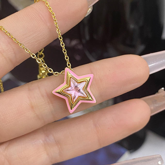 Sweet candy color enamel star shape cubic zircon copper necklace earrings suit
