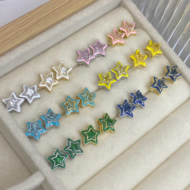 Sweet candy color enamel star shape cubic zircon copper necklace earrings suit