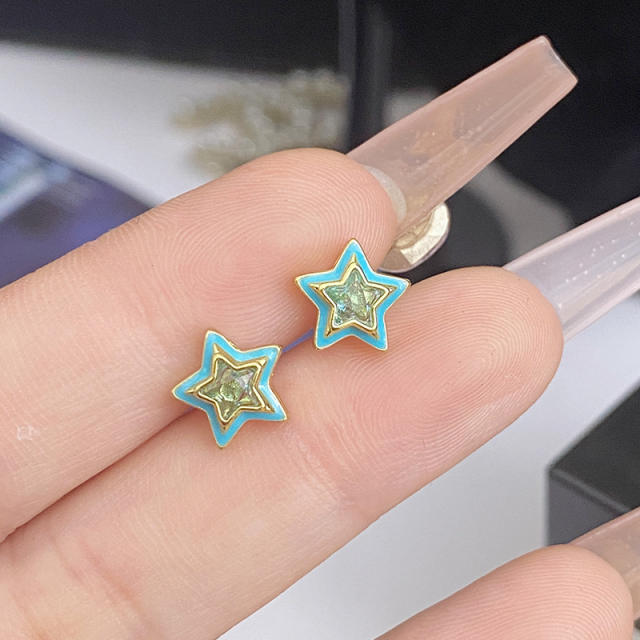 Sweet candy color enamel star shape cubic zircon copper necklace earrings suit