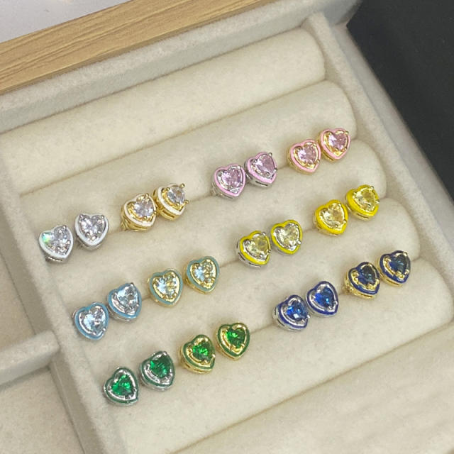 Sweet heart color enamel cubic zircon pendant copper necklace earrings suit