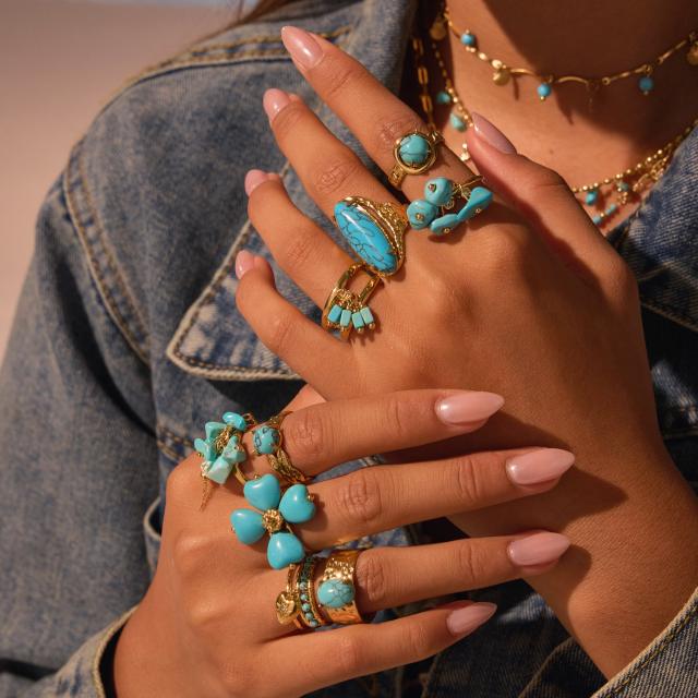 Boho hot sale turquoise stone series stainless steel necklace earrings rings suit