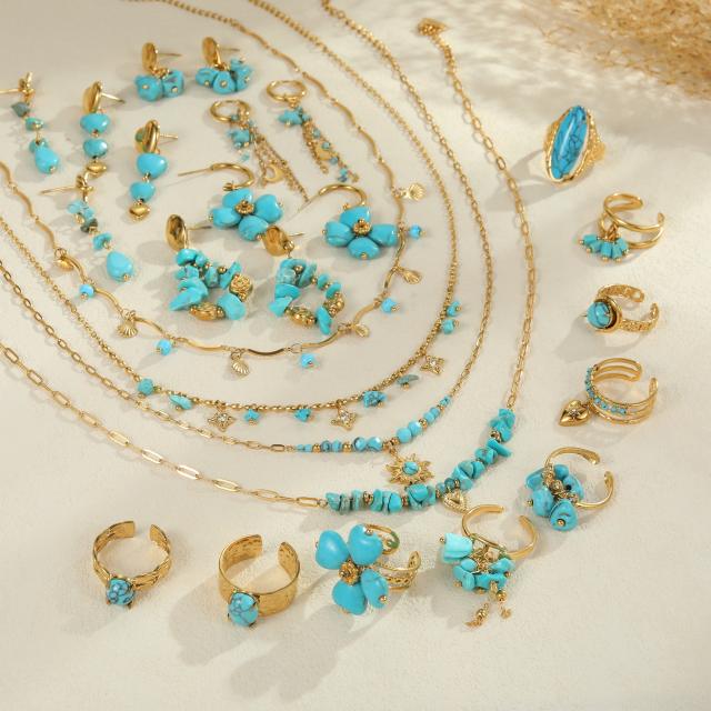 Boho hot sale turquoise stone series stainless steel necklace earrings rings suit