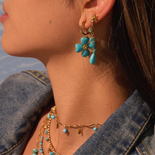Boho hot sale turquoise stone series stainless steel necklace earrings rings suit