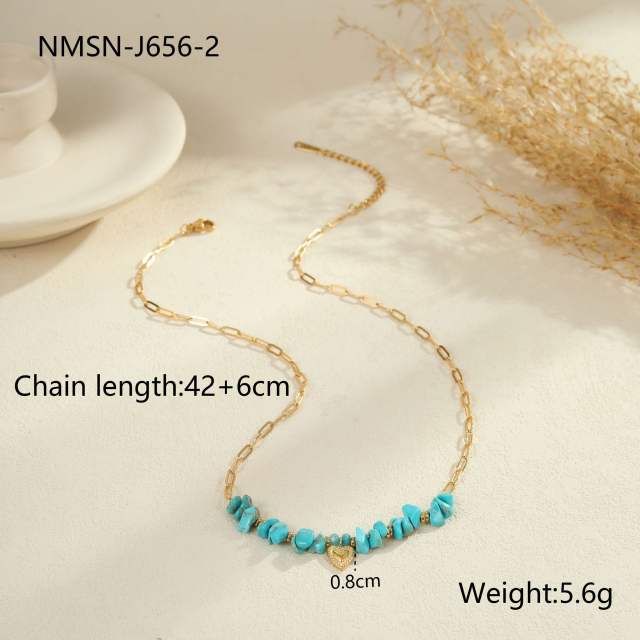 Boho hot sale turquoise stone series stainless steel necklace earrings rings suit