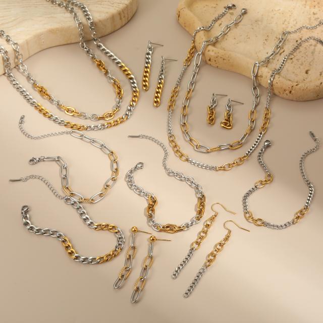Personality two tone classic stainless steel chain necklace earrings bracelet suit