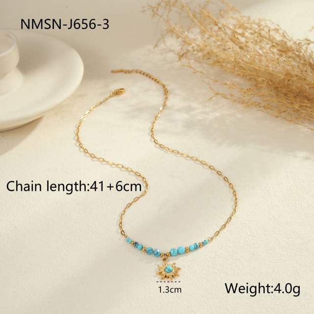 Boho hot sale turquoise stone series stainless steel necklace earrings rings suit